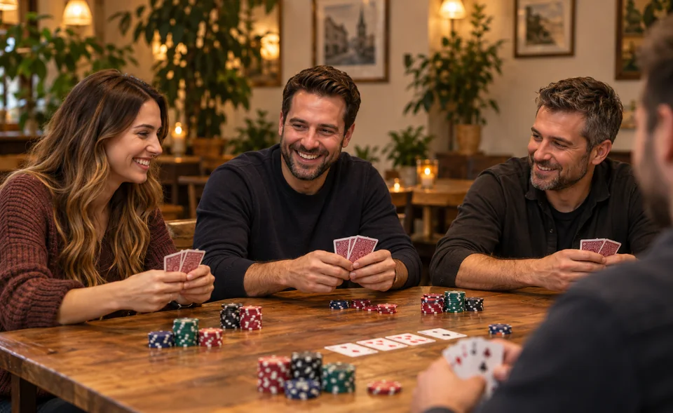 Felnőttek közös Texas Hold’em játék közben, fa asztalnál